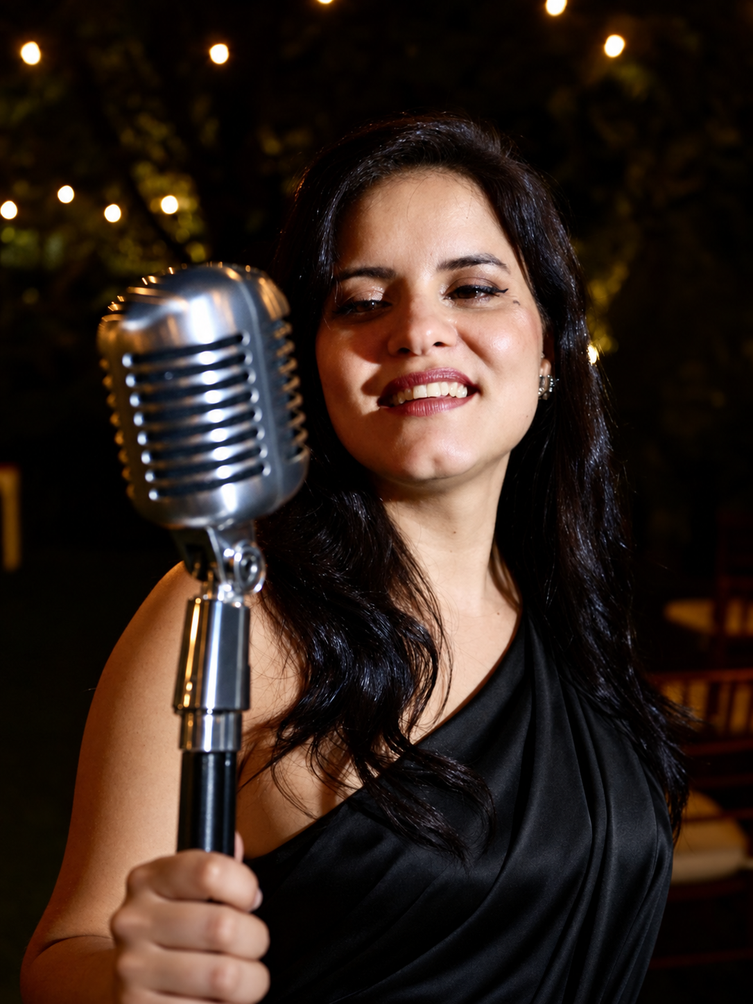 Geisa Mel sorrindo com o microfone